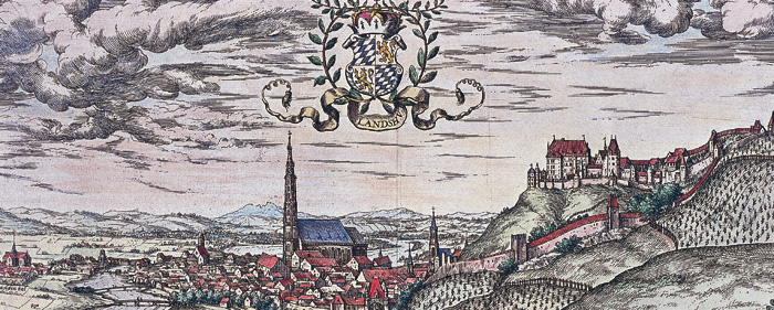 Bild: Landshut, altkolorierter Kupferstich von Georg Hörtnagel, Antwerpen, 1578