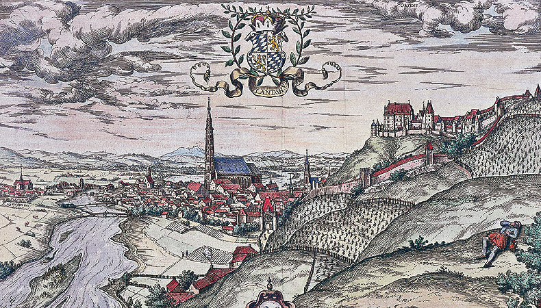 Bild: Landshut, altkolorierter Kupferstich von Georg Hoefnagel, Antwerpen, 1578